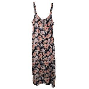 SO Dress Juniors XL Black Pink Floral Rayon Scoop Neck Midi Sundress Summer